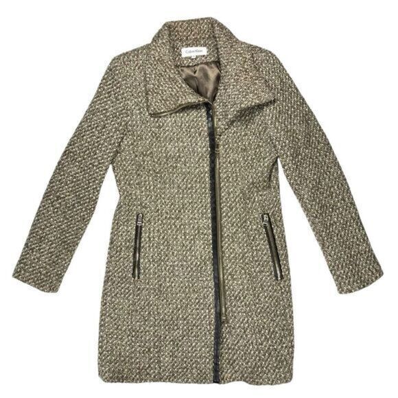 Calvin Klein Tweed Wool Pea Coat Brown Faux Leather Trim Classic Dressy Business - Picture 1 of 15